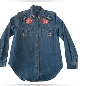 Driftwood XS Embroidered Denim Shirt Butterfly Floral Western Boho
